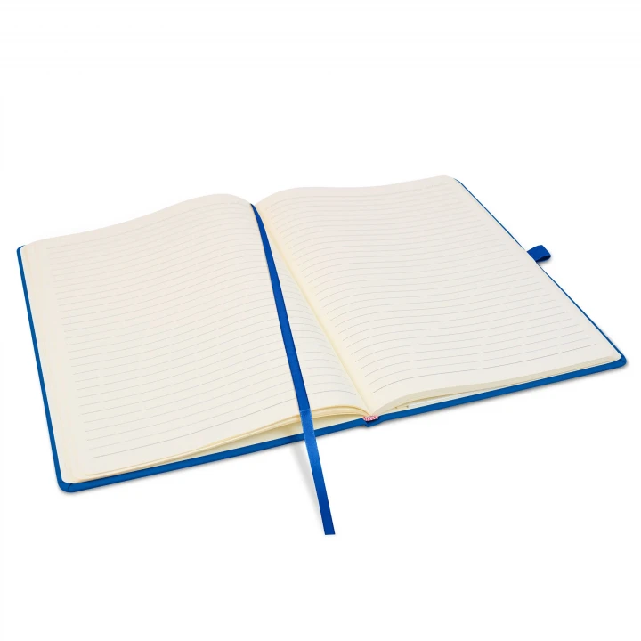 Wilson A4 blue notebook opened to middle page showing lined pages, ribbon page marker and pen holder