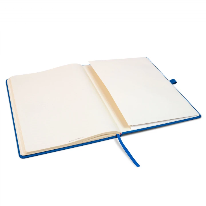 Wilson A4 blue notebook opened to back page showing the document pocket
