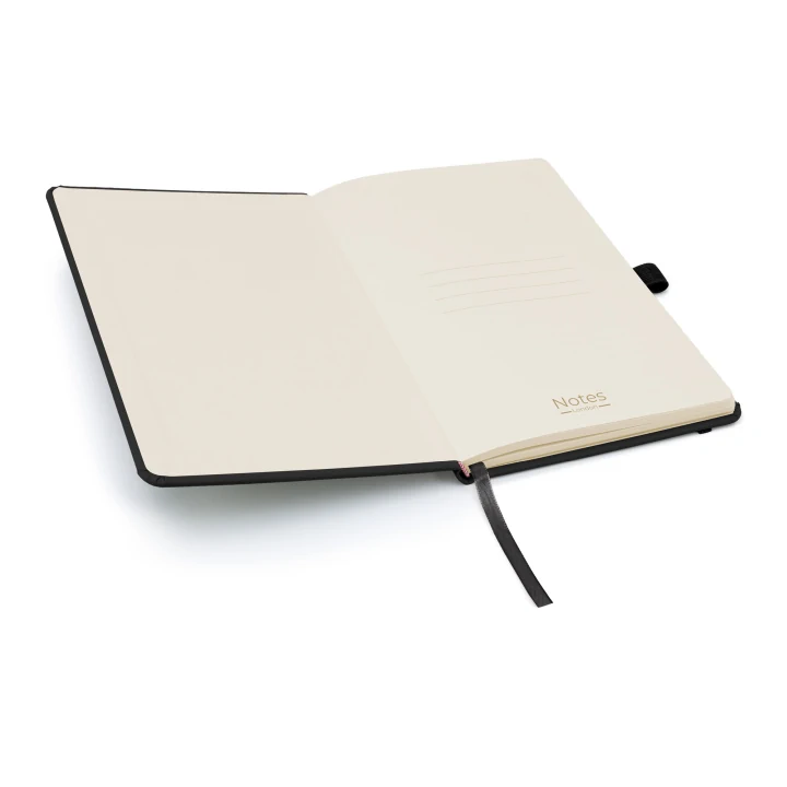 Wilson A5 black notebook opened to front page showing four lines to write the contents of your notebook