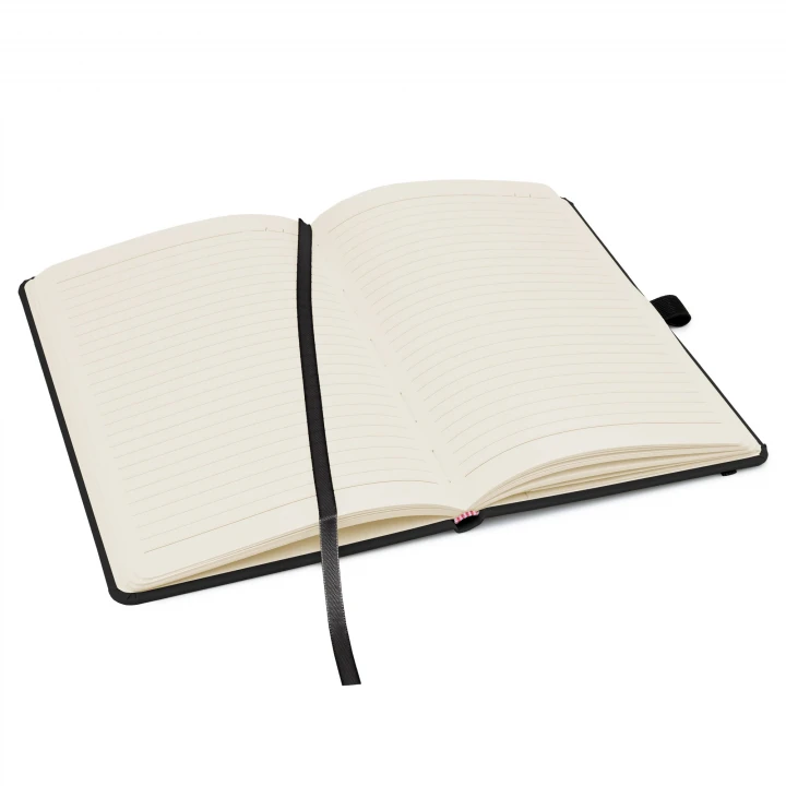 Wilson A5 black notebook opened to middle page showing lined pages, ribbon page marker and pen holder