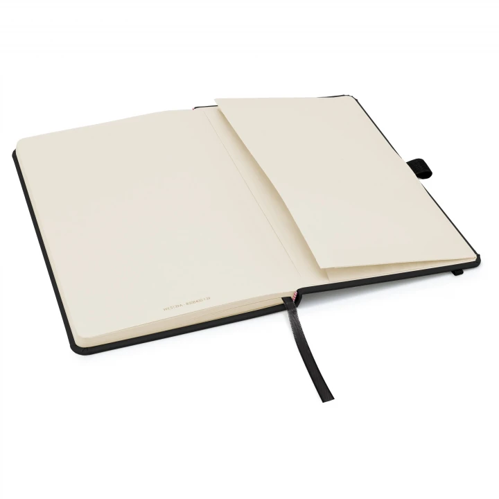 Wilson A5 black notebook opened to back page showing the document pocket