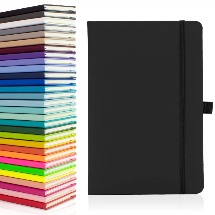 Wilson A5 medium notebook in black showing front cover to the right with the thirty available colours stacked on top of each other to the left