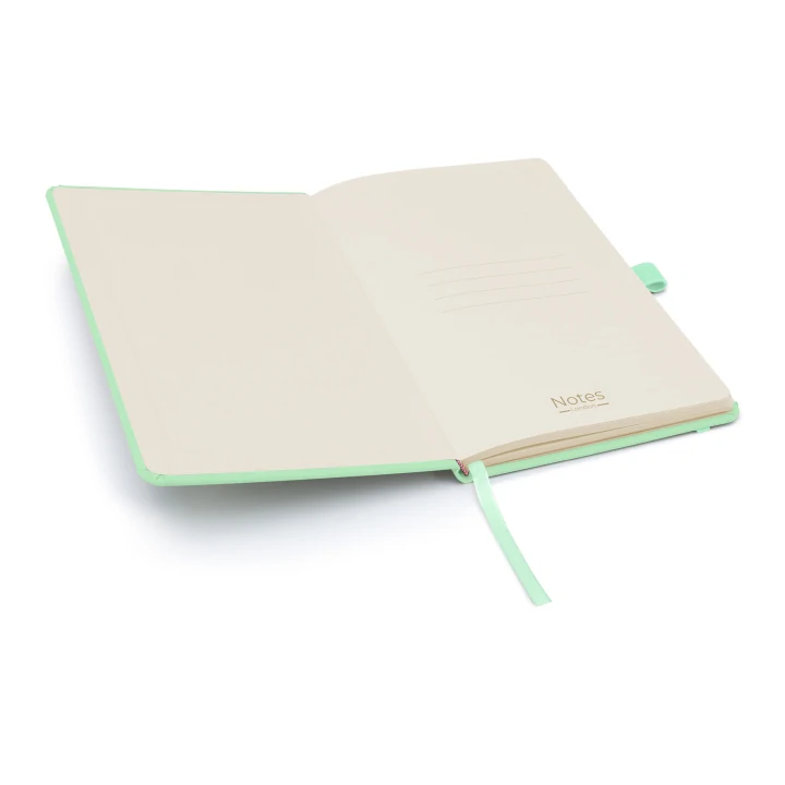 Wilson A5 pastel mint notebook opened to front page showing four lines to write the contents of your notebook