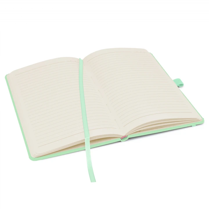 Wilson A5 pastel mint notebook opened to middle page showing lined pages, ribbon page marker and pen holder