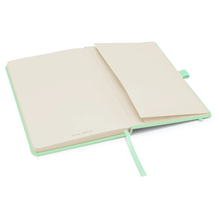 Wilson A5 pastel mint notebook opened to back page showing the document pocket