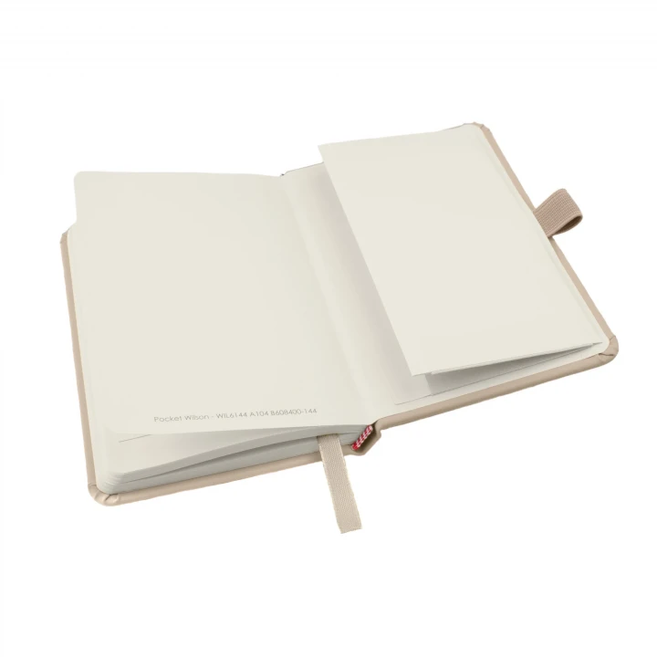 Wilson A6 pastel mushroom notebook opened to back page showing the envelope pocket