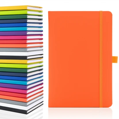 Blanco A5 plain page notebook in orange showing front cover to the right with the thirteen available colours stacked on top of each other to the left