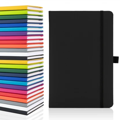 Blanco A5 blank page notebook in black showing front cover to the right with the thirteen available colours stacked on top of each other to the left