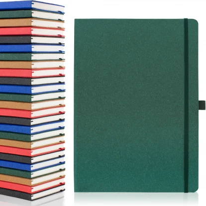Envirobook A4 recycled notebook in green showing front cover to the right with the five available colours stacked on top of each other to the left