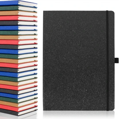 Envirobook A4 recycled notebook in black charcoal showing front cover to the right with the five available colours stacked on top of each other to the left