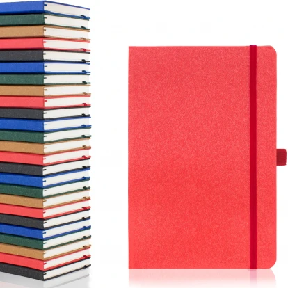 Envirobook A5 recycled notebook in red showing front cover to the right with the five available colours stacked on top of each other to the left