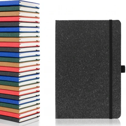 Envirobook A5 recycled notebook in black charcoal showing front cover to the right with the five available colours stacked on top of each other to the left