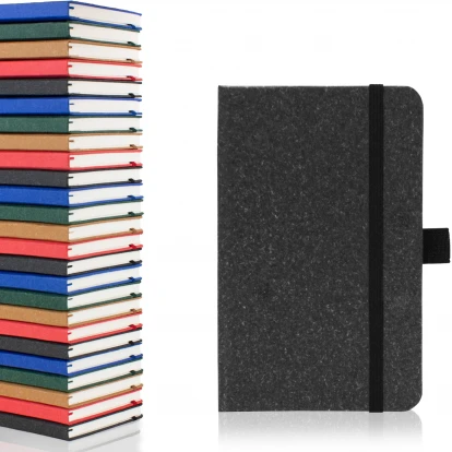 Envirobook A6 recycled notebook in charcoal black showing front cover to the right with the five available colours stacked on top of each other to the left