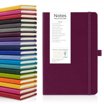 Holms A5 premium notebook in burgundy showing front cover to the right with the seventeen available colours stacked on top of each other to the left