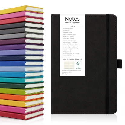 Moretti A5 luxury notebook in black showing front cover to the right with the seventeen available colours stacked on top of each other to the left
