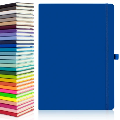 Wilson A4 large notebook in blue showing front cover to the right with the thirty available colours stacked on top of each other to the left