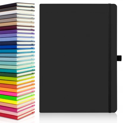 Wilson A4 large notebook in black showing front cover to the right with the thirty available colours stacked on top of each other to the left