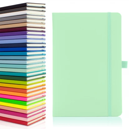 Wilson A5 medium notebook in pastel mint showing front cover to the right with the thirty available colours stacked on top of each other to the left