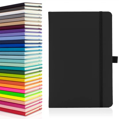 Wilson A5 medium notebook in black showing front cover to the right with the thirty available colours stacked on top of each other to the left