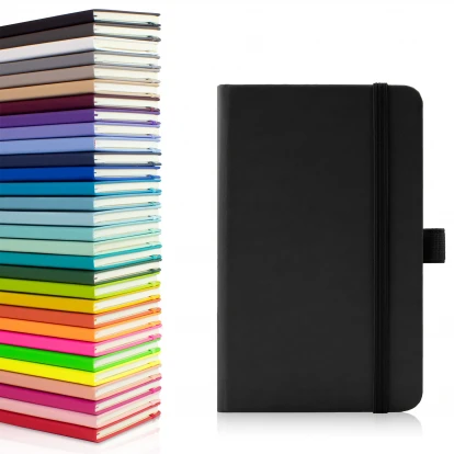 Wilson A6 pocket notebook in black showing front cover to the right with the thirty available colours stacked on top of each other to the left